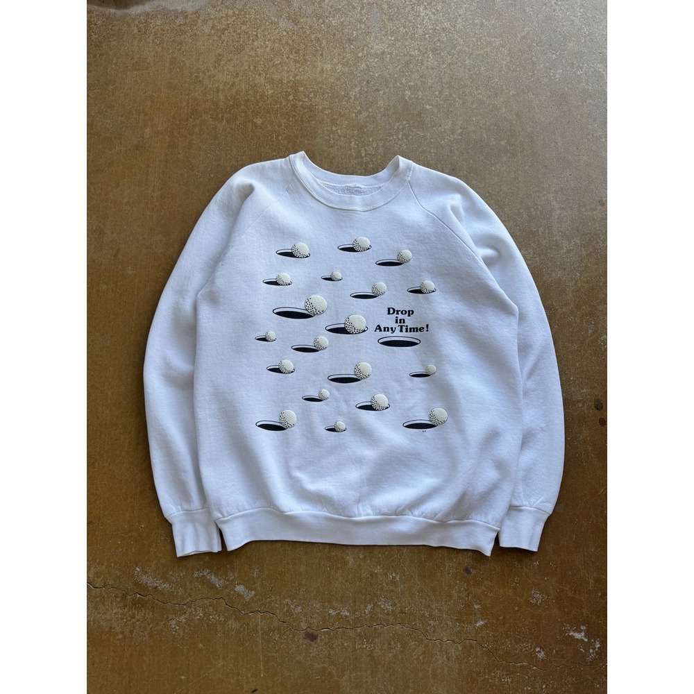 VTG 80s Golf Balls Holes Raglan Crewneck Sweater Drop in Any Time Parody Funny L